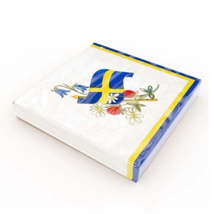 Kaffeservetter Svensk flagga/Blommor 25x25cm 20-pack