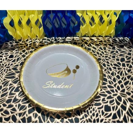 Tallrik Engångs Student 22,5 cm Vit/Guld