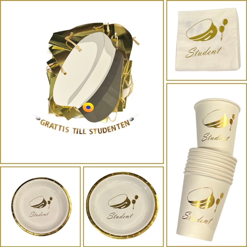 Studentpaket Vit/Guld Tallrikar Servetter Muggar Girlang Student 