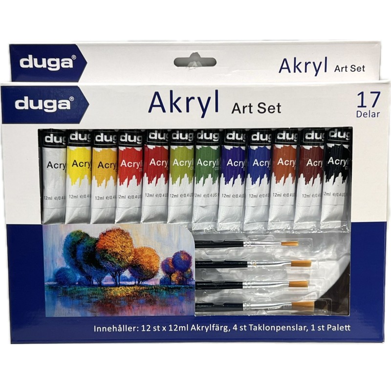 Målarset akryl 12 färger, 4 penslar, palett
